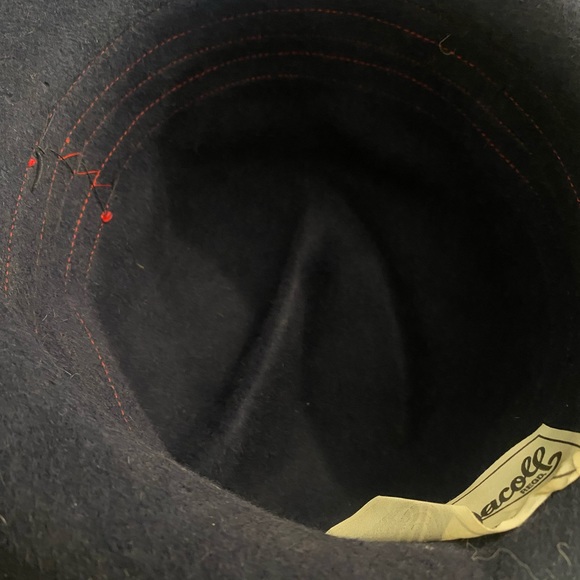 Designer vintage Jacoll fedora hat Navy felt with white ribbon and red stitching - Picture 5 of 6